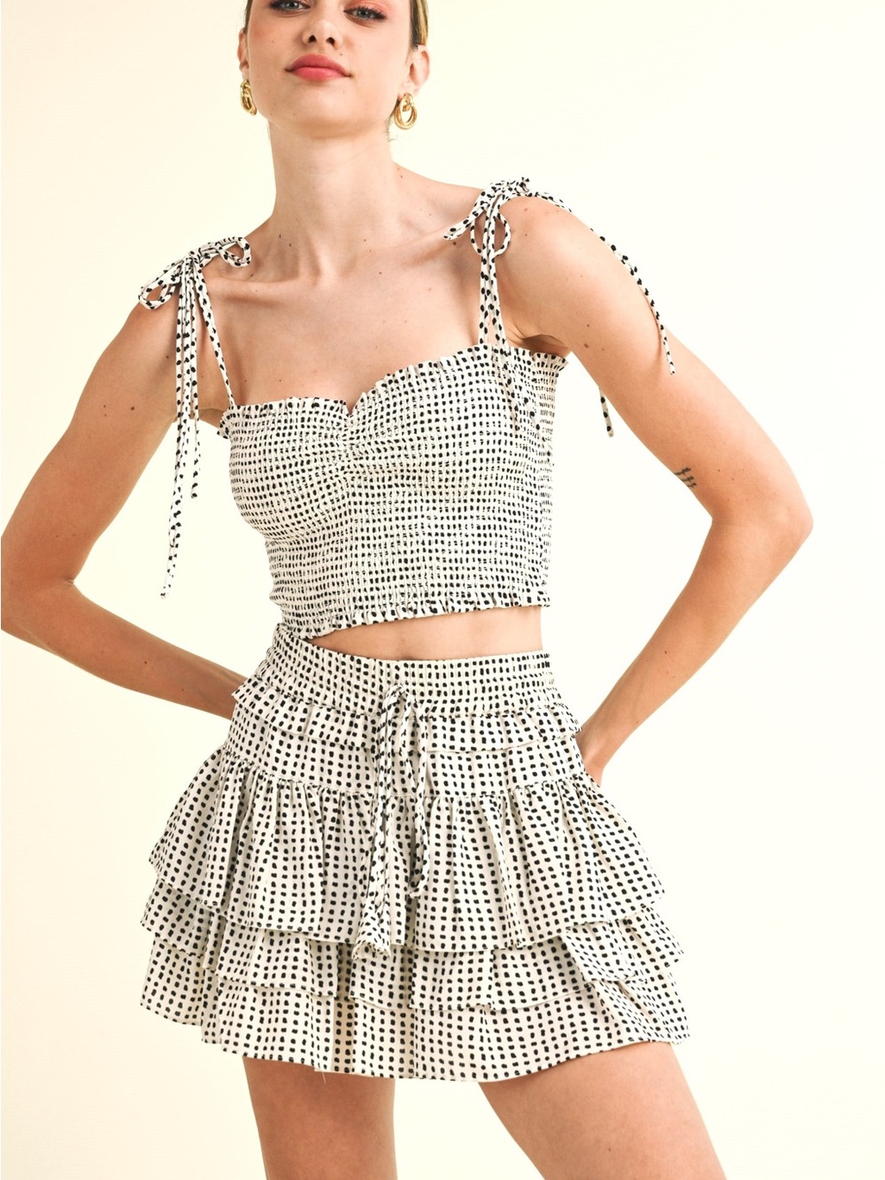Smocked Polka Dot Skirt Set - White/Black